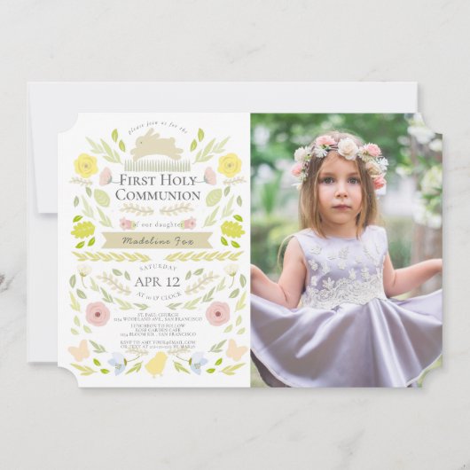 Bloemen Bunny Roze Meisje Foto Eerste Heilige Comm Kaart (Voorkant)