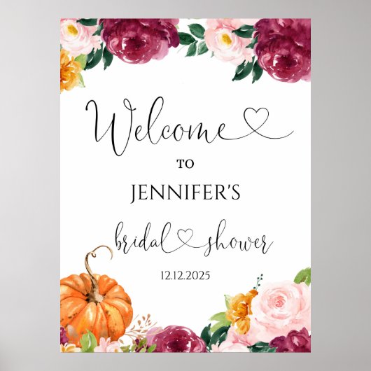 Bloemen burgundy herfst bruidsbad welkomstbord poster (Voorkant)