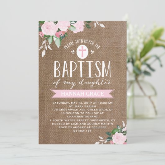 Bloemen Burlap Pink | uitnodiging tot doop (Staand voorkant)