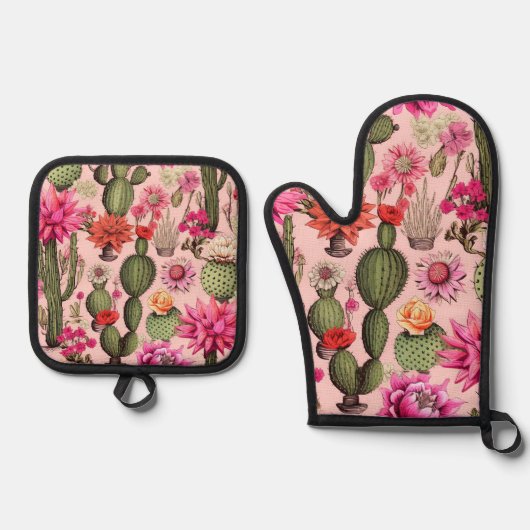 Bloemen Cactus Oven Mitt en Pothouders Ovenwant & Pannenlap Set (Voorkant)