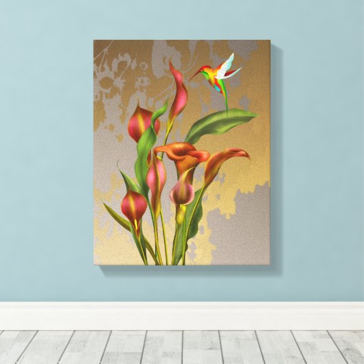 Bloemen - Calla Lilies en Hummingbird Canvas Afdruk (Insitu (Houten vloer))