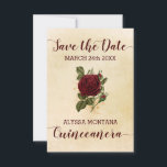 Bloemen Champagne Bourgondië Roos Quinceanera Save The Date<br><div class="desc">Sla de Date Kaart op voor uw Quinceanera viering. Dit ontwerp heeft een champagne achtergrond met een rozen corsage in bordeaux rood en goud. Sla de datum en Quinceanera worden in handgeschreven schrift geschreven, terwijl uw belangrijke datum en naam in hoofdletters kunnen worden afgedrukt. De achterkant van de kaart heeft...</div>