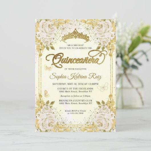 Bloemen Champagne Gold Glitter Crown Quinceañera Kaart (Staand voorkant)