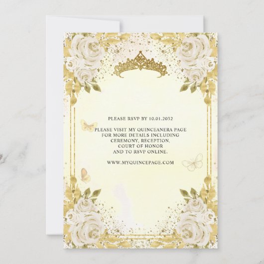 Bloemen Champagne Gold Glitter Crown Quinceañera Kaart (Achterkant)
