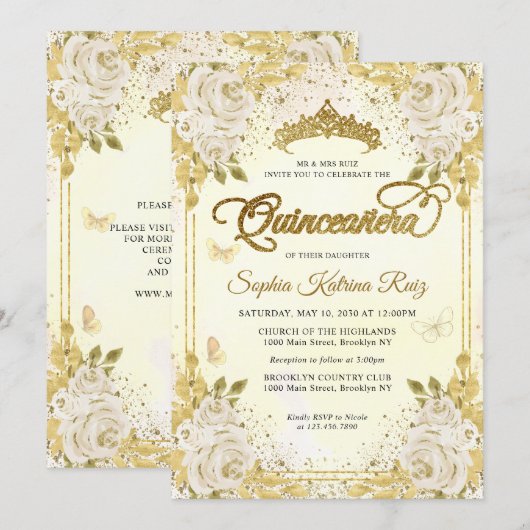 Bloemen Champagne Gold Glitter Crown Quinceañera Kaart (Voorkant / Achterkant)