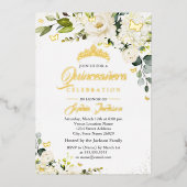 Bloemen Champagne Gouden Waterverf Quinceanera Folie Uitnodiging (Voorkant)