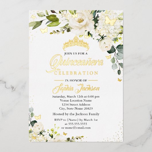 Bloemen Champagne Gouden Waterverf Quinceanera Folie Uitnodiging (Voorkant)