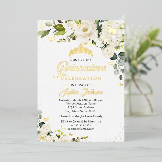 Bloemen Champagne Gouden Waterverf Quinceanera Folie Uitnodiging (Staand Voorkant)