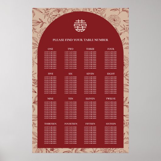 Bloemen Chinese bruiloft 16 tafel zitplaatsen kaar Poster (Voorkant)