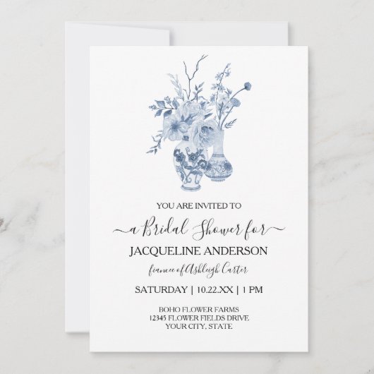  Bloemen Chinoiserie Blauw Vrijgezellenfeest Kaart (Voorkant)