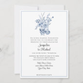 Bloemen Chinoiserie Wit en Blauw Bruiloft Kaart (Voorkant)