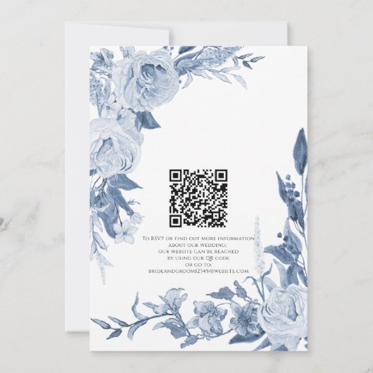  Bloemen Chinoiserie Wit en Blauw Bruiloft Kaart (Achterkant)