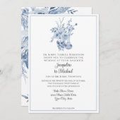 Bloemen Chinoiserie Wit en Blauw Bruiloft Kaart (Voorkant / Achterkant)