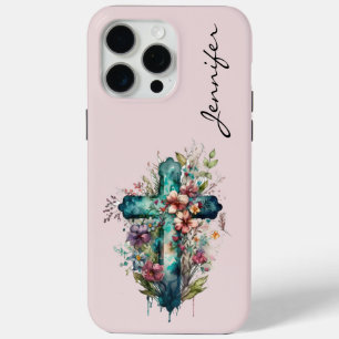 Bloemen Christelijk Cross iPhone 15 Telefoon Case
