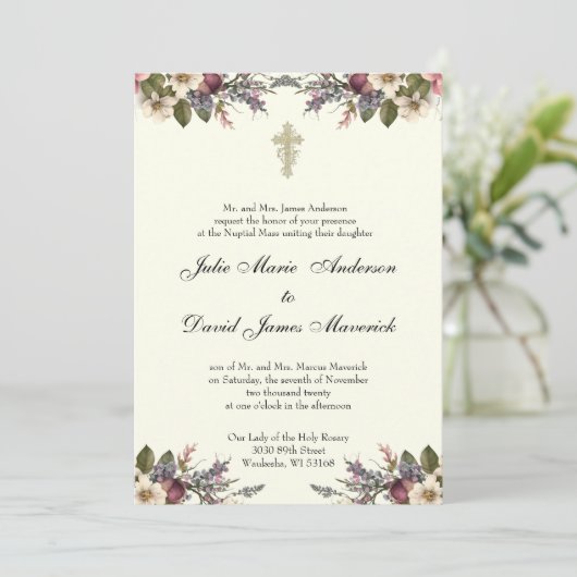 Bloemen Christelijk Cross Trouwringen Katholiek Kaart (Staand voorkant)