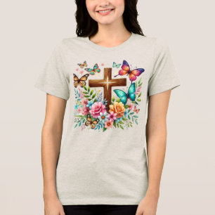 Bloemen Christelijk Kruis Vlinders Religieus Tri-Blend Shirt