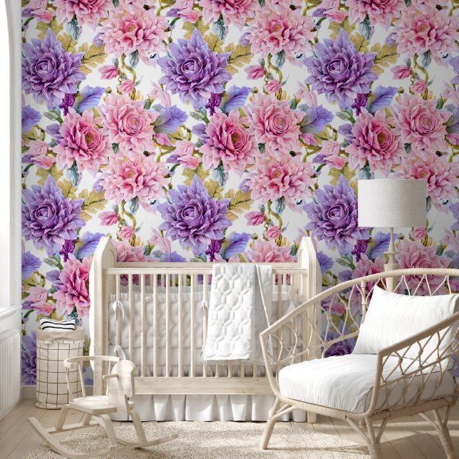 Bloemen collage muur muurschildering roze paarse c behang (Kinderen)