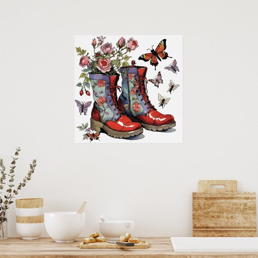 Bloemen Combat laarzen met bloemen & vlinders Poster (Keuken)