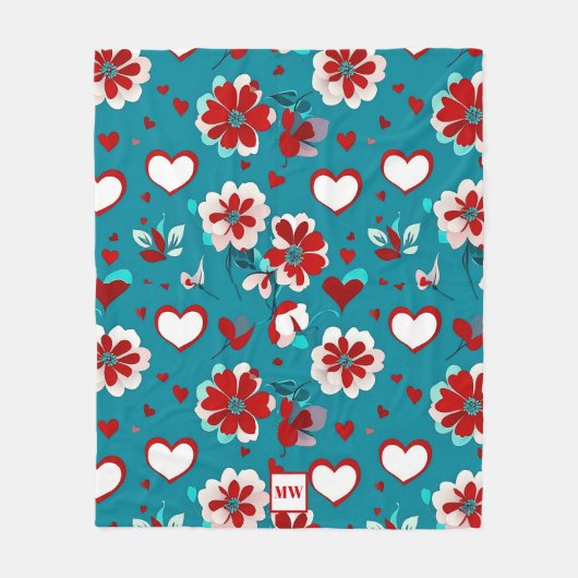 Bloemen Coquette harten en bloemen monogram Fleece Deken (Voorkant)
