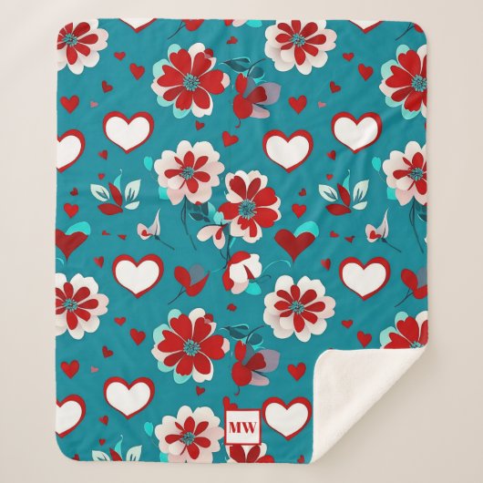 Bloemen Coquette harten en bloemen monogram Sherpa Deken (Voorkant)