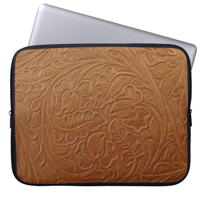 Bloemen cowboy western decor, bruin bruin leer. laptop sleeve (Voorkant)