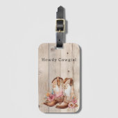 Bloemen Cowgirl Laarzen Ivoor Faux Hout gepersonal Bagagelabel (Voorkant (verticaal))