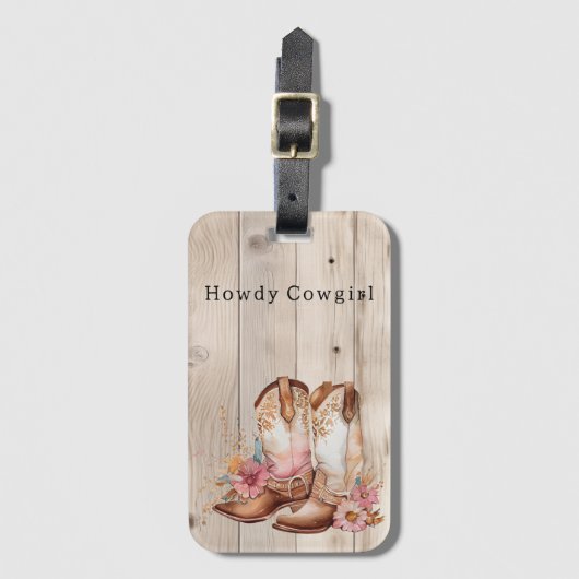 Bloemen Cowgirl Laarzen Ivoor Faux Hout gepersonal Bagagelabel (Voorkant (verticaal))