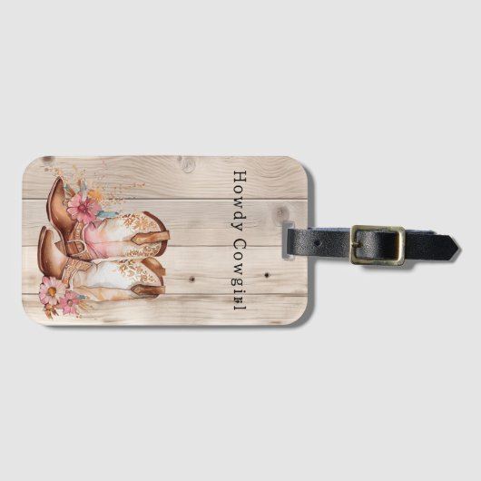 Bloemen Cowgirl Laarzen Ivoor Faux Hout gepersonal Bagagelabel (Voorkant (horizontaal))