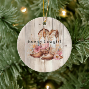 Bloemen Cowgirl Laarzen Ivoor Faux Hout gepersonal Keramisch Ornament