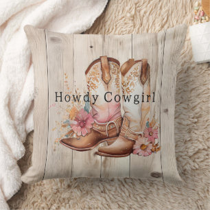 Bloemen Cowgirl Laarzen Ivoor Faux Hout gepersonal Kussen