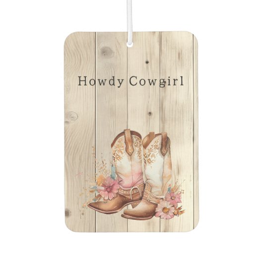 Bloemen Cowgirl Laarzen Ivoor Faux Hout gepersonal Luchtverfrisser (Voorkant)