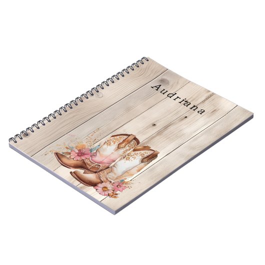 Bloemen Cowgirl Laarzen Ivoor Faux Hout gepersonal Notitieboek (Linkerzijde)