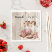 Bloemen Cowgirl Laarzen Ivoor Faux Hout gepersonal Servet (Insitu)