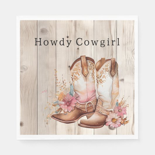 Bloemen Cowgirl Laarzen Ivoor Faux Hout gepersonal Servet (Voorkant)