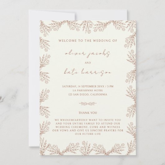 Bloemen Crème Terracotta Voor & Achterbruiloft Kaart (Voorkant)