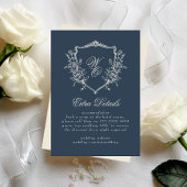  Bloemen Crest Navy & Cream Monogram Bruiloft Informatiekaartje