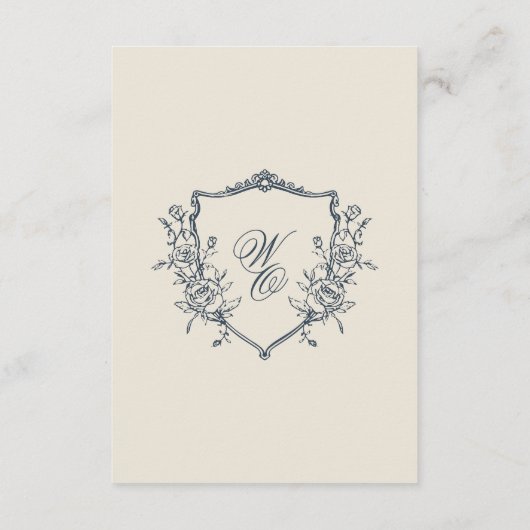  Bloemen Crest Navy & Cream Monogram Bruiloft Informatiekaartje (Achterkant)