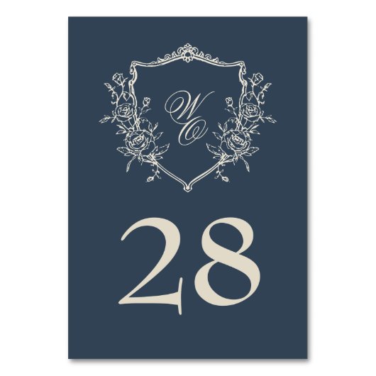  Bloemen Crest Navy & Cream Monogram Bruiloft Kaart (Voorkant)