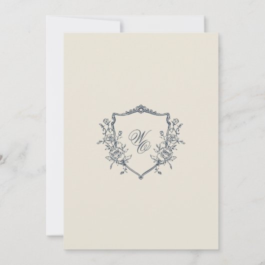  Bloemen Crest Navy & Cream Monogram Bruiloft Kaart (Achterkant)