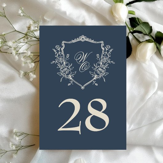  Bloemen Crest Navy & Cream Monogram Bruiloft Kaart