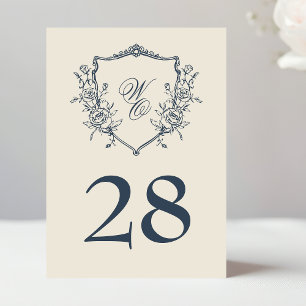 Bloemen Crest Navy & Cream Monogram Bruiloft Kaart
