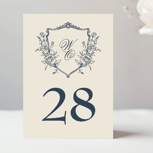 Bloemen Crest Navy & Cream Monogram Bruiloft Kaart