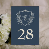 Bloemen Crest Navy & Cream Monogram Bruiloft Kaart