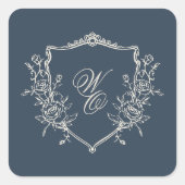  Bloemen Crest Navy & Cream Monogram Bruiloft Vierkante Sticker (Voorkant)