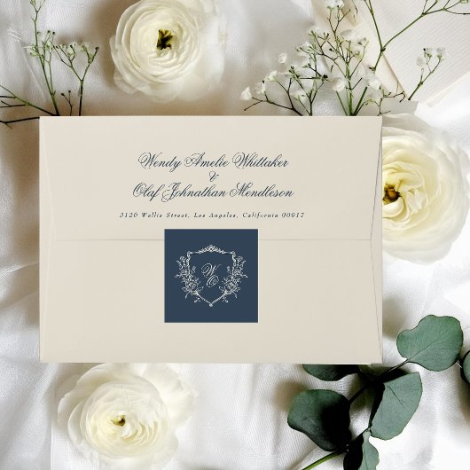  Bloemen Crest Navy & Cream Monogram Bruiloft Vierkante Sticker