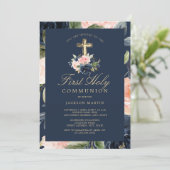 Bloemen Cross Navy Boys Eerste Communie Uitnodigin Kaart (Staand voorkant)