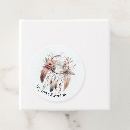 Bloemen Crystal Feather Dreamcatcher Boho Sweet 16 Bedankjes Labels (In situ)
