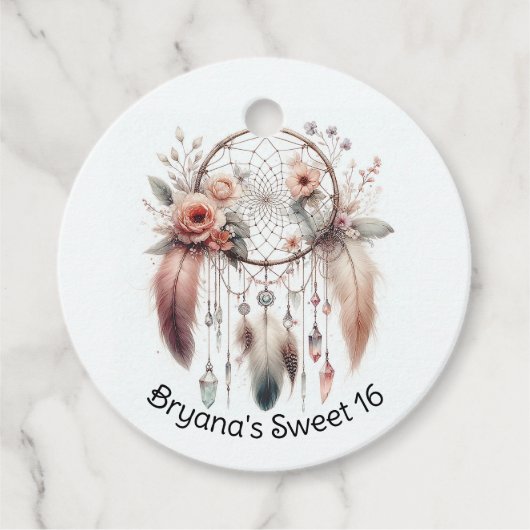Bloemen Crystal Feather Dreamcatcher Boho Sweet 16 Bedankjes Labels (Voorkant)