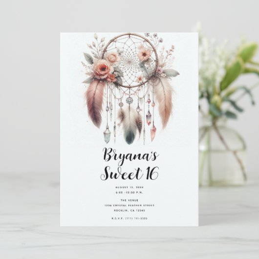 Bloemen Crystal Feather Dreamcatcher Boho Sweet 16 Kaart (Staand voorkant)