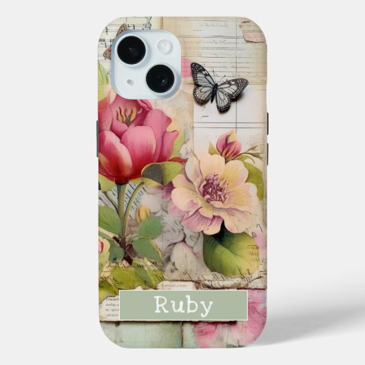 Bloemen Custom Name Scrapbook Collage Roze Case-Mate iPhone Case (Achterkant)